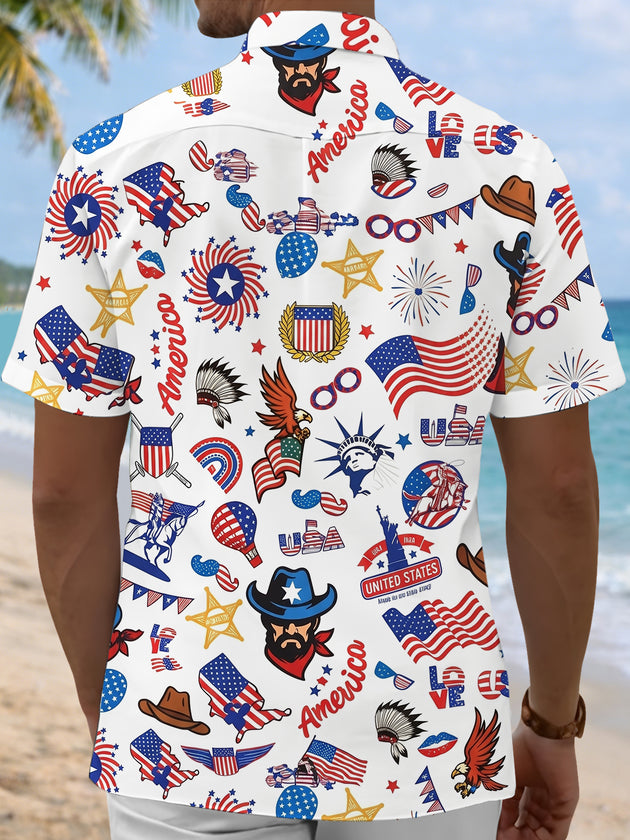 American Flag Independence Day Western Cowboy Elements Men's Pocket Short Sleeve Shirts