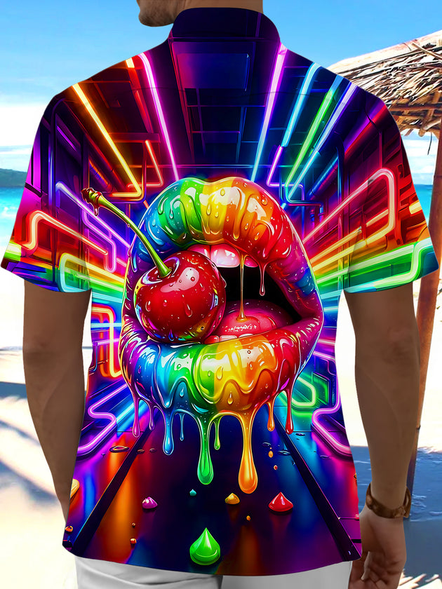 Neon Colorful Lips And Cherry Men's Pocket Short Sleeve Shirts
