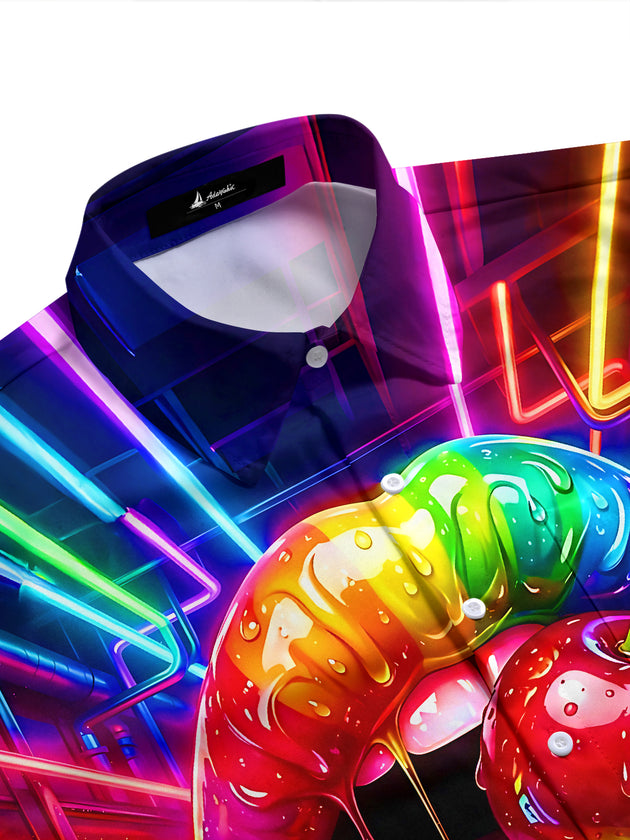 Neon Colorful Lips And Cherry Men's Pocket Short Sleeve Shirts