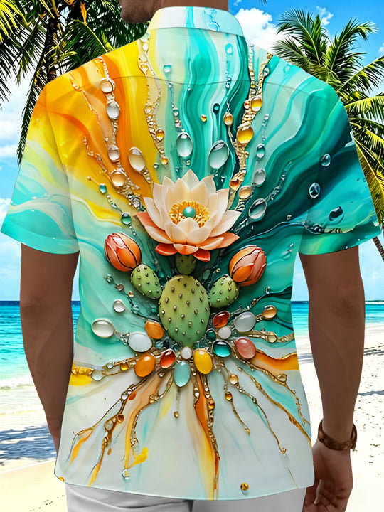 Lotus And Cactus Watercolor Art Plant Flower Men's Pocket Short Sleeve Shirts