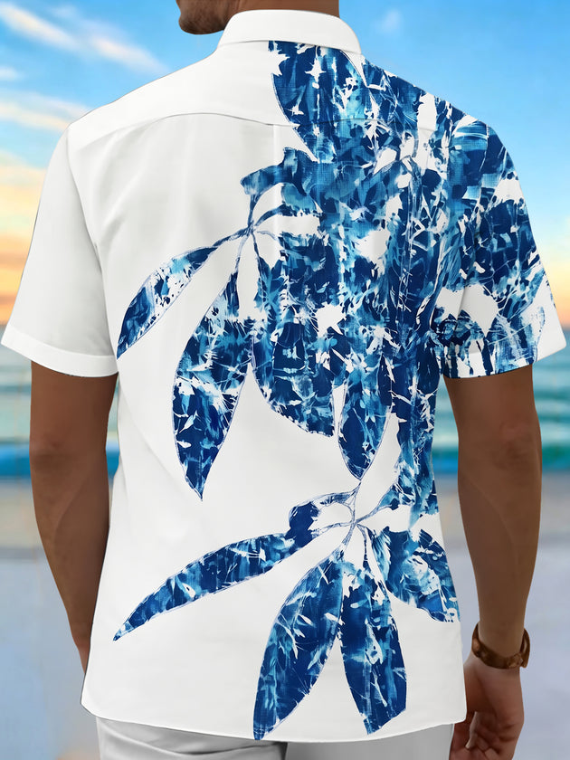 Blue Plant Leaf Silhouette Men's Pocket Short Sleeve Shirts
