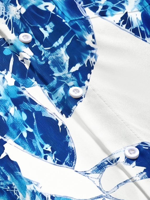 Blue Plant Leaf Silhouette Men's Pocket Short Sleeve Shirts