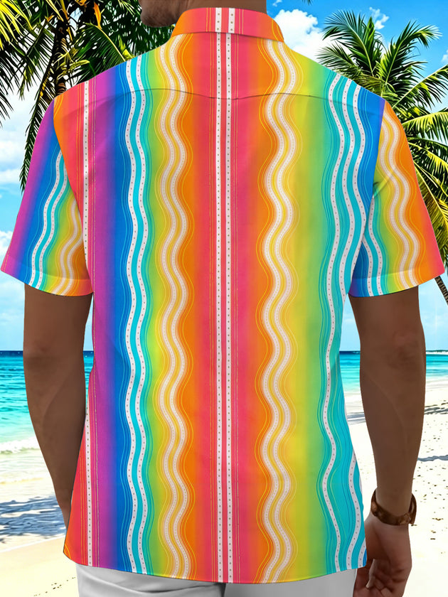 Pride Month Colorful Wavy Stripes Geometry Men's Pocket Short Sleeve Shirts