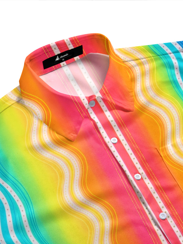 Pride Month Colorful Wavy Stripes Geometry Men's Pocket Short Sleeve Shirts