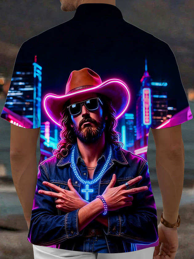 Neon Western Cowboy Cool Jesus Religious Men's Pocket Short Sleeve Shirts
