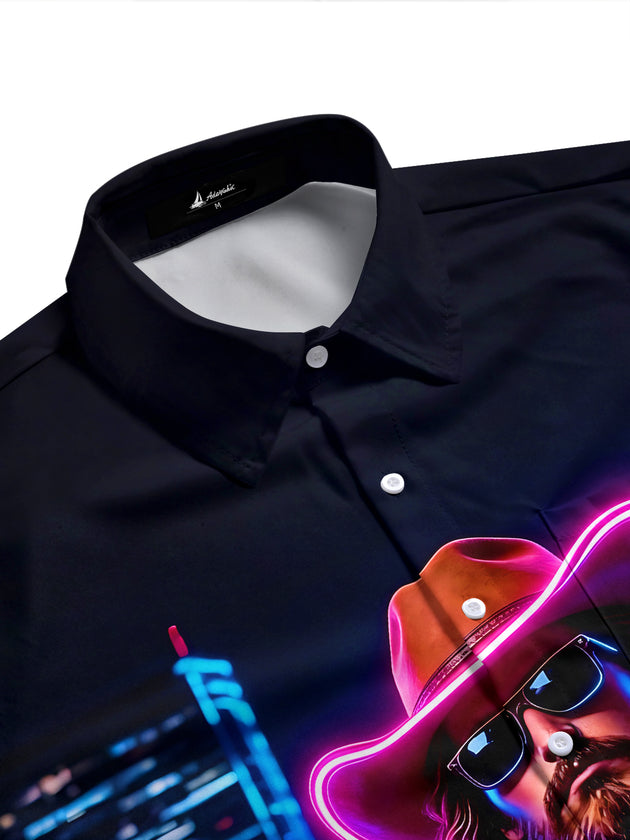 Neon Western Cowboy Cool Jesus Religious Men's Pocket Short Sleeve Shirts