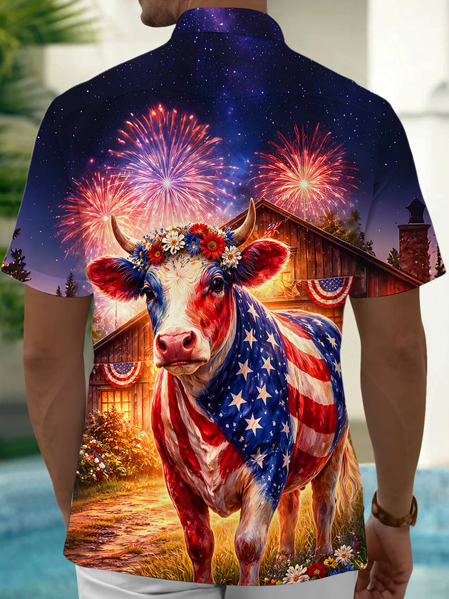 American Flag Cow Fireworks Independence Day Men's Pocket Short Sleeve Shirts