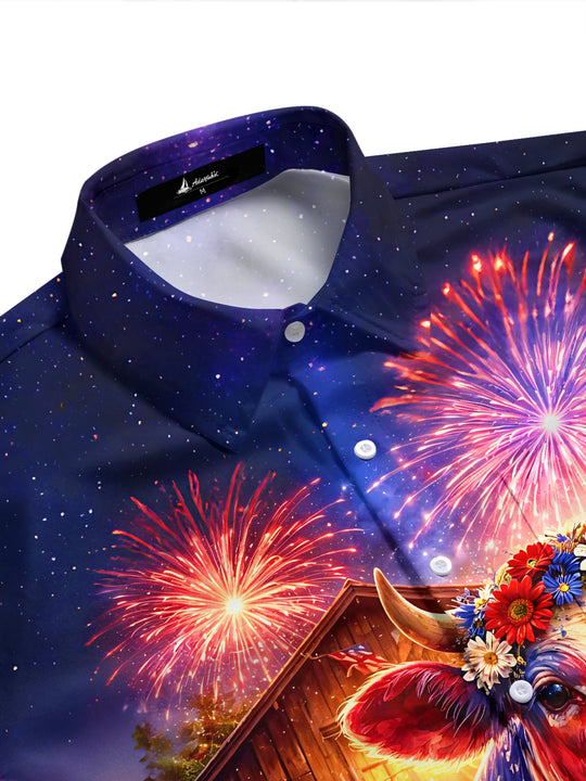 American Flag Cow Fireworks Independence Day Men's Pocket Short Sleeve Shirts