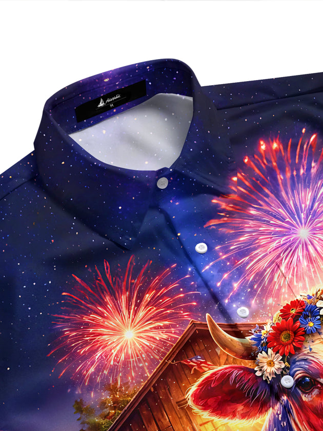 American Flag Cow Fireworks Independence Day Men's Pocket Short Sleeve Shirts