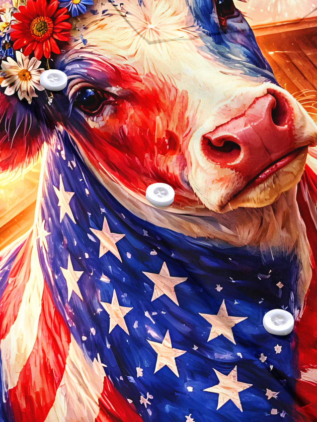 American Flag Cow Fireworks Independence Day Men's Pocket Short Sleeve Shirts
