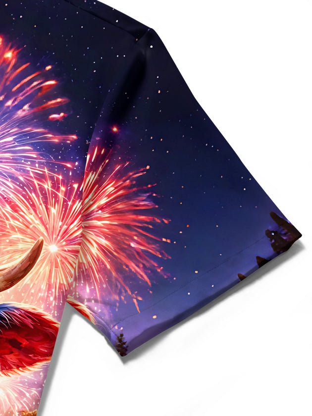 American Flag Cow Fireworks Independence Day Men's Pocket Short Sleeve Shirts
