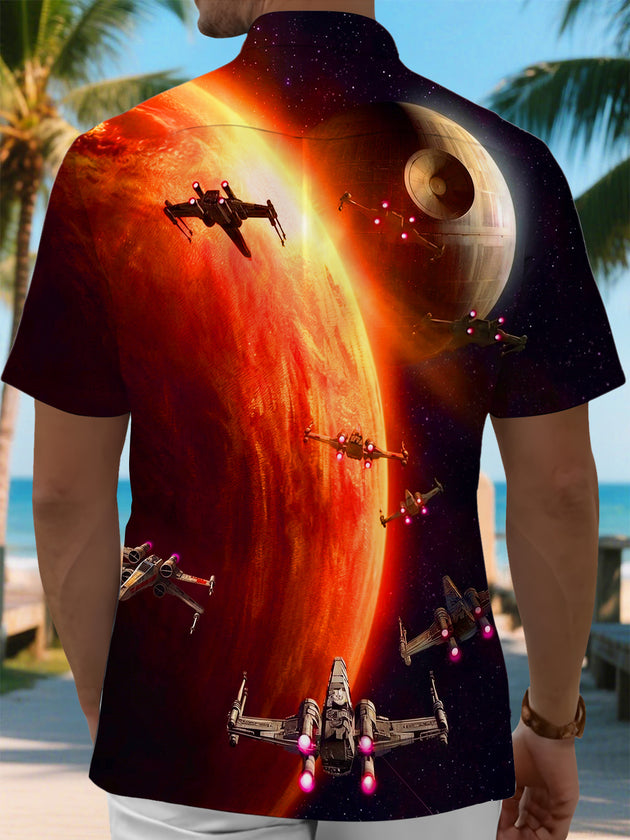 Dark Neon Star Wars Space Warships Men's Pocket Short Sleeve Shirts