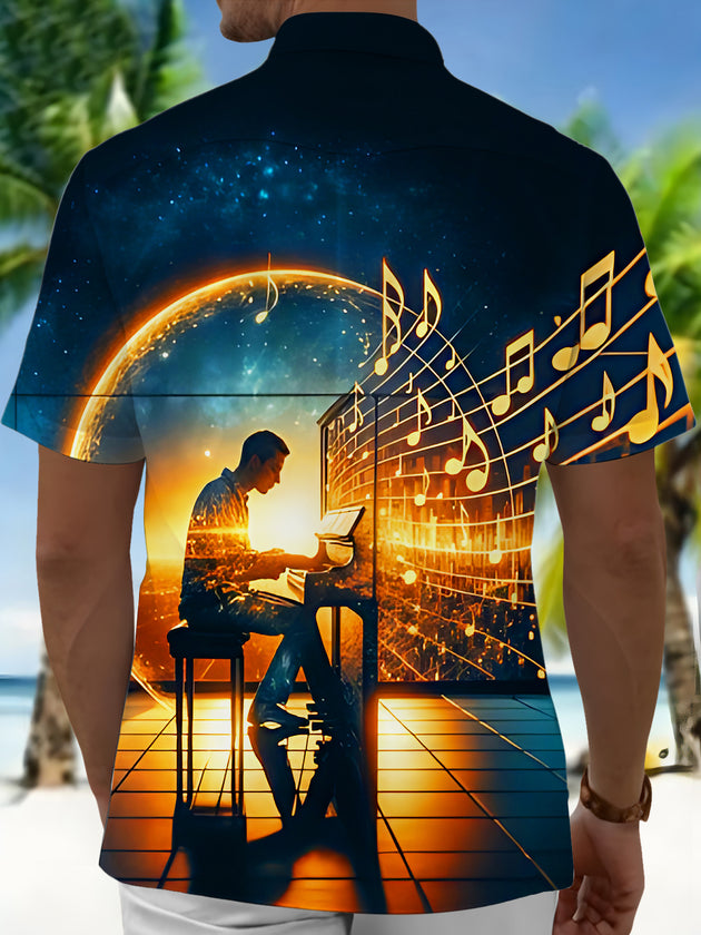 Dark Neon Starry Sky Piano Music Notes Men's Pocket Short Sleeve Shirts