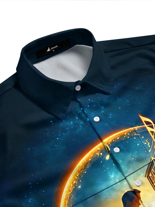 Dark Neon Starry Sky Piano Music Notes Men's Pocket Short Sleeve Shirts