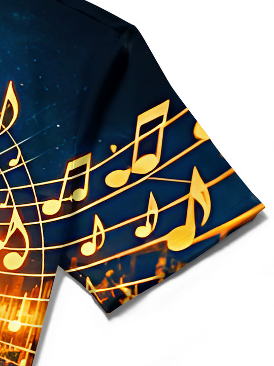 Dark Neon Starry Sky Piano Music Notes Men's Pocket Short Sleeve Shirts