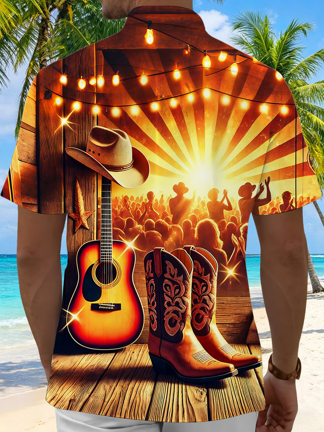 Western Cowboy Guitar Country Music Men's Pocket Short Sleeve Shirts
