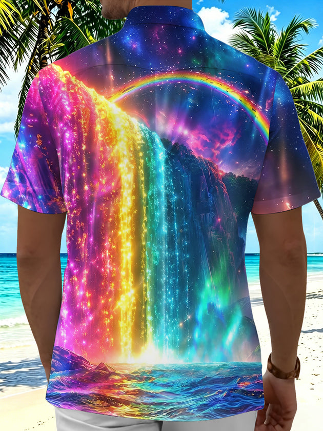 Neon Colorful Waterfall Men's Pocket Short Sleeve Shirts