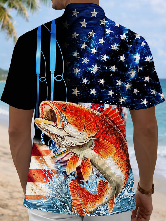American Independence Day Red Fish Fishing Rod Fishing Men's Pocket Short Sleeve Shirts