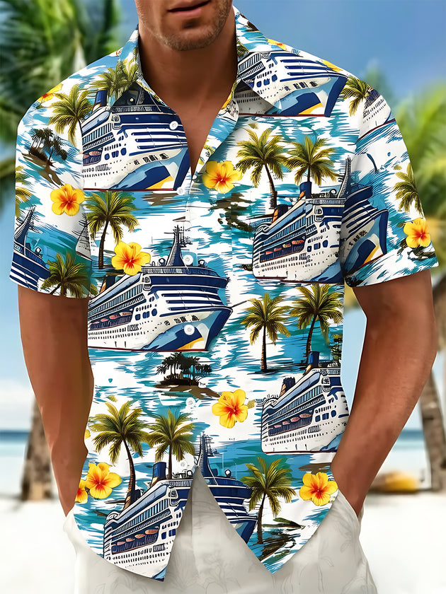 Hawaiian Vacation Cruise Palm Tree Flower Men's Pocket Short Sleeve Shirts