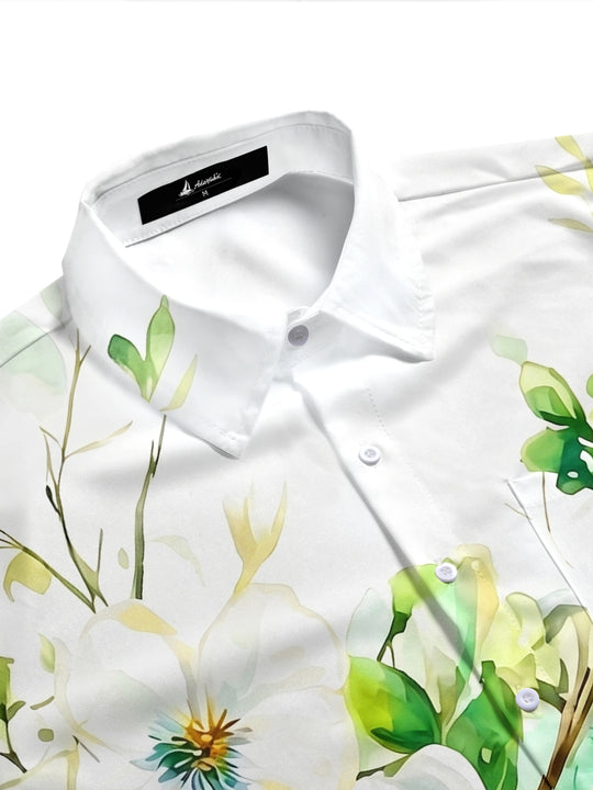 Art Watercolor White Flowers Green Leaves Men's Pocket Short Sleeve Shirts