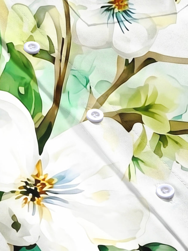 Art Watercolor White Flowers Green Leaves Men's Pocket Short Sleeve Shirts