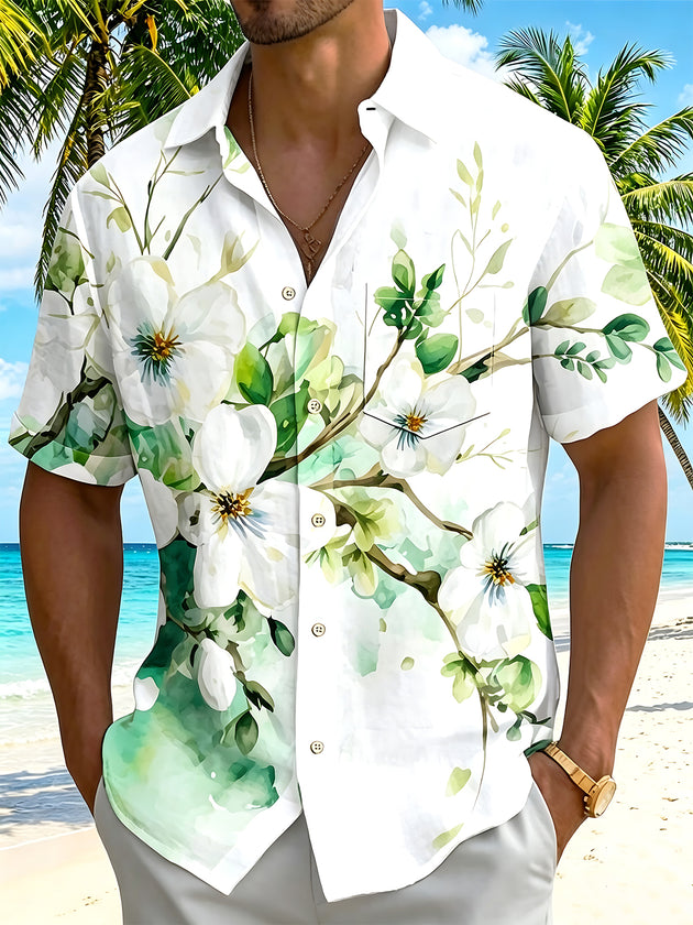 Art Watercolor White Flowers Green Leaves Men's Pocket Short Sleeve Shirts