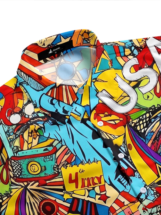 American Independence Day Colorful Graffiti Men's Pocket Short Sleeve Shirts