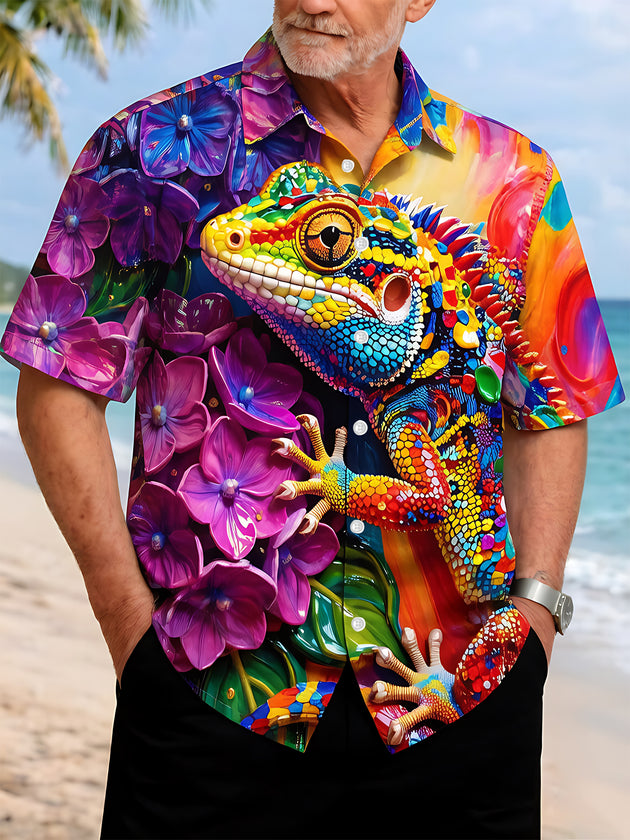 Colorful Chameleon Flower Men's Pocket Short Sleeve Shirts
