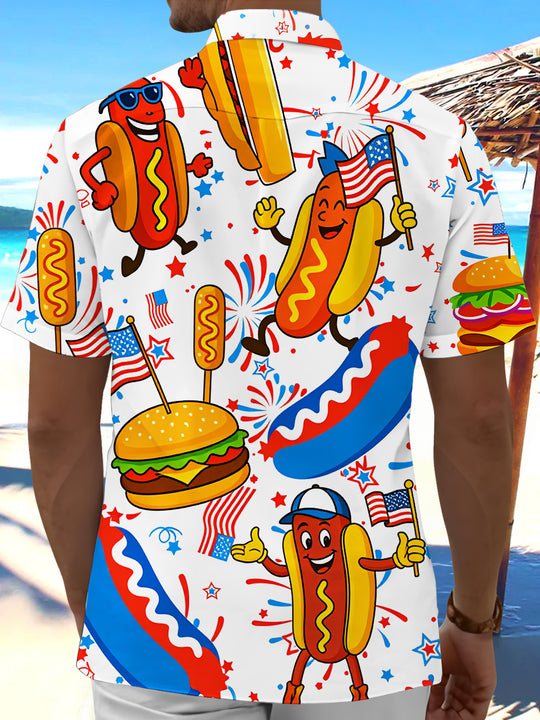 American Flag Hot Dog Burger Funny Print Men's Pocket Short Sleeve Shirts
