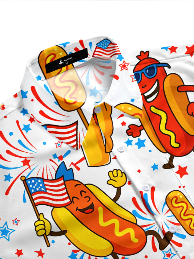 American Flag Hot Dog Burger Funny Print Men's Pocket Short Sleeve Shirts