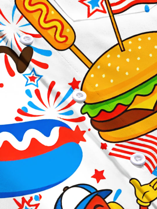 American Flag Hot Dog Burger Funny Print Men's Pocket Short Sleeve Shirts