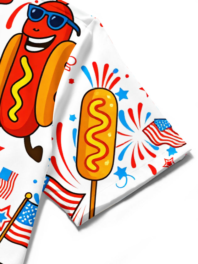 American Flag Hot Dog Burger Funny Print Men's Pocket Short Sleeve Shirts