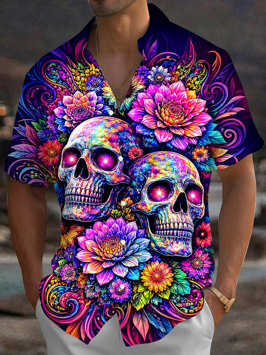 Skull Floral Men's Pocket Short Sleeve Shirts