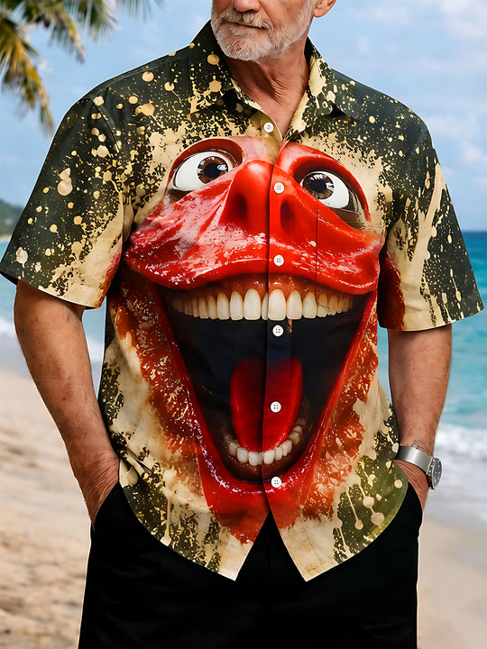 Funny Big Face Print Men's Pocket Short Sleeve Shirts