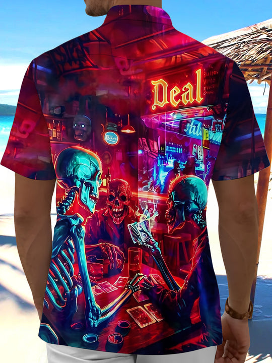 Neon Skeleton Skull Poker Men's Pocket Short Sleeve Shirts
