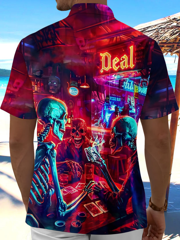 Neon Skeleton Skull Poker Men's Pocket Short Sleeve Shirts