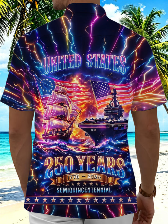 United States 250th Anniversary Navy Warship Independence Day Men's Pocket Short Sleeve Shirts