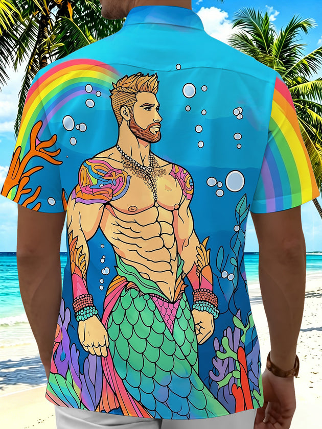 Pride Month Colorful Merman Hunk Men's Pocket Short Sleeve Shirts