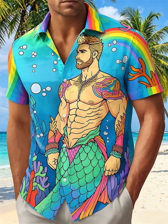 Pride Month Colorful Merman Hunk Men's Pocket Short Sleeve Shirts