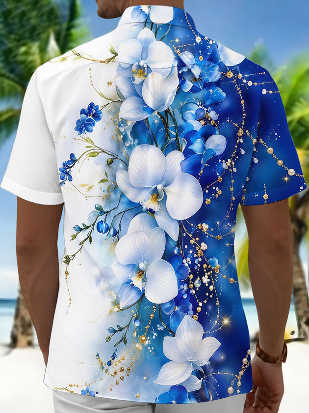Blue White Gradient Orchid Floral Men's Pocket Short Sleeve Shirts