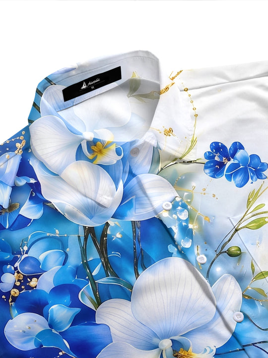 Blue White Gradient Orchid Floral Men's Pocket Short Sleeve Shirts