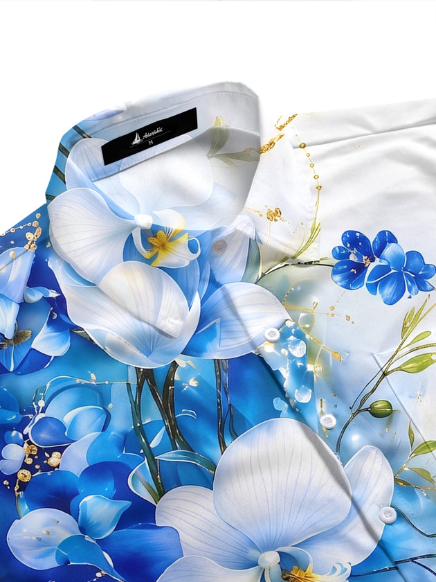 Blue White Gradient Orchid Floral Men's Pocket Short Sleeve Shirts