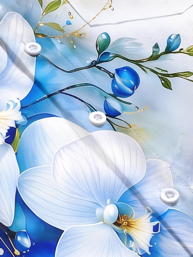 Blue White Gradient Orchid Floral Men's Pocket Short Sleeve Shirts