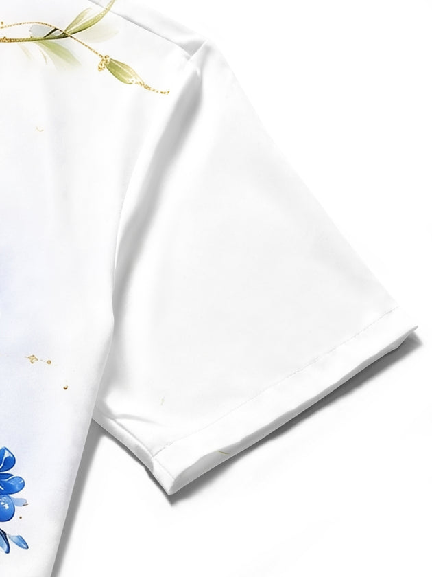 Blue White Gradient Orchid Floral Men's Pocket Short Sleeve Shirts