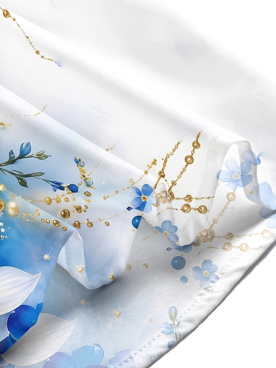 Blue White Gradient Orchid Floral Men's Pocket Short Sleeve Shirts