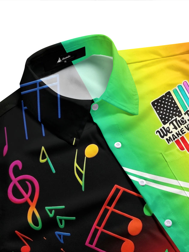 Pride Month Colorful Music Note American Flag Men's Pocket Short Sleeve Shirts