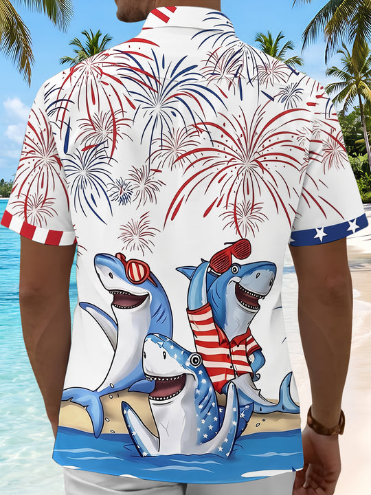 American Flag Shark Firework Independence Day Men's Pocket Short Sleeve Shirts