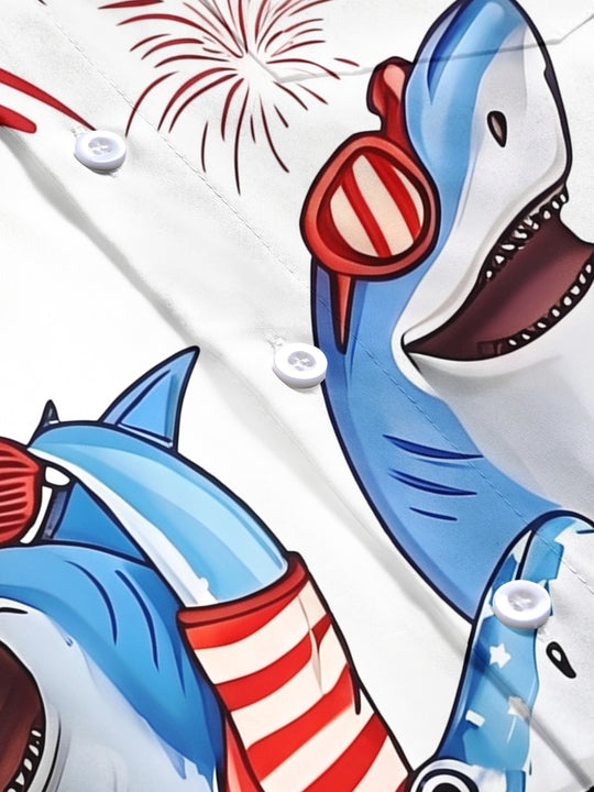 American Flag Shark Firework Independence Day Men's Pocket Short Sleeve Shirts
