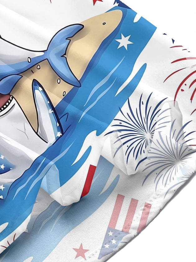 American Flag Shark Firework Independence Day Men's Pocket Short Sleeve Shirts