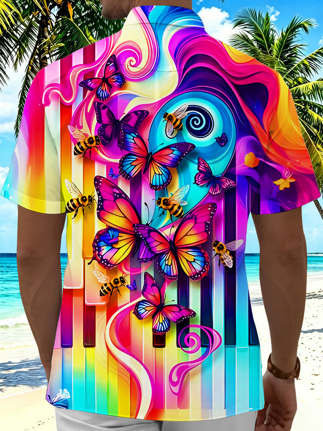 Colorful Gradient Music Piano Keys Butterflies And Bees Men's Pocket Short Sleeve Shirts